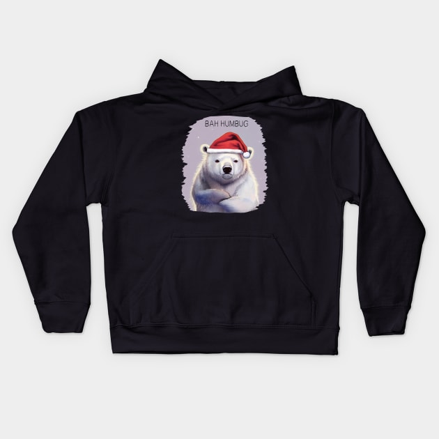 Bah Humbug! Grumpy polar bear in Santa hat Kids Hoodie by Geminiartstudio